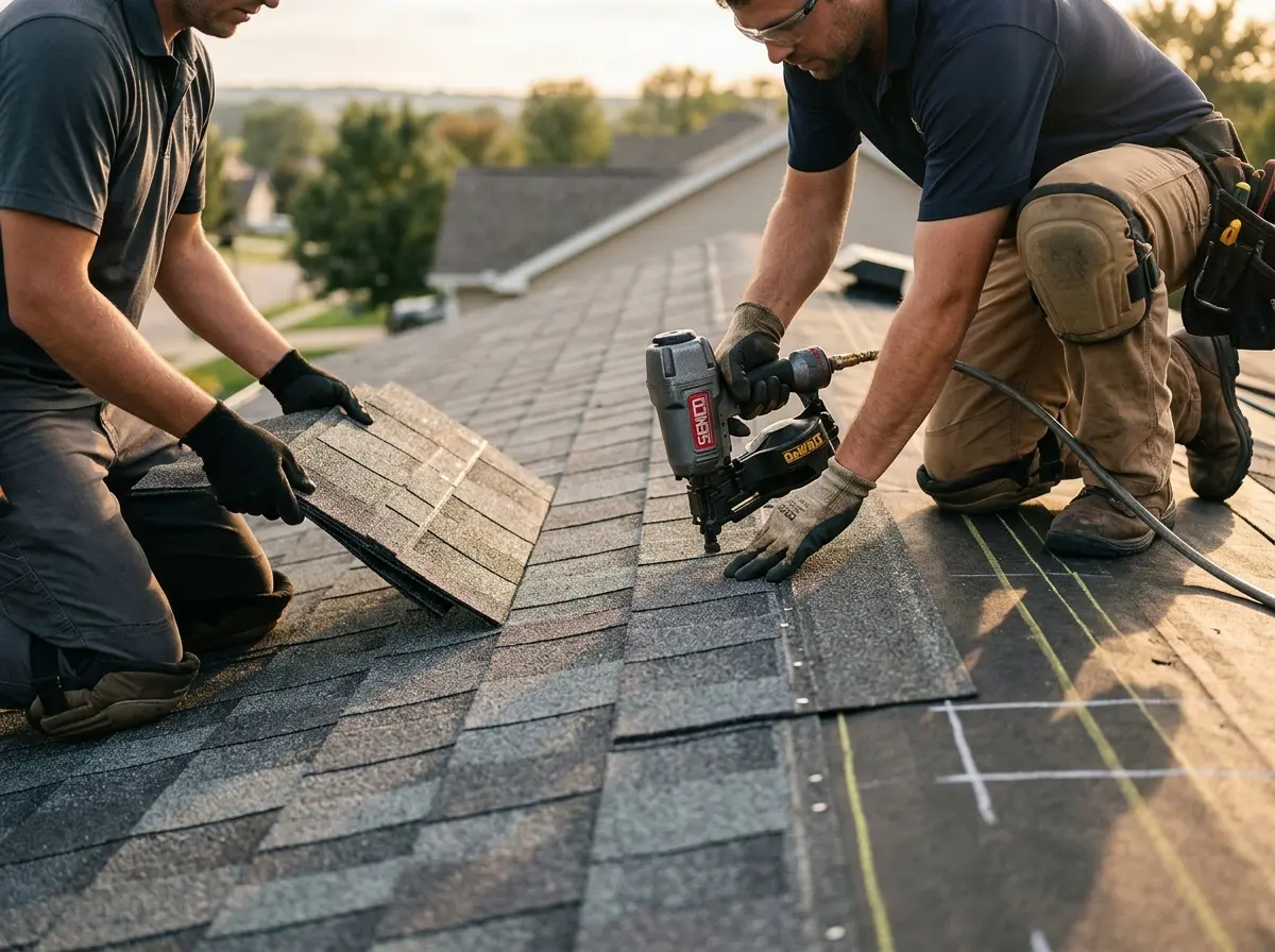 Professional roofer working on a residential roof in Lavon
